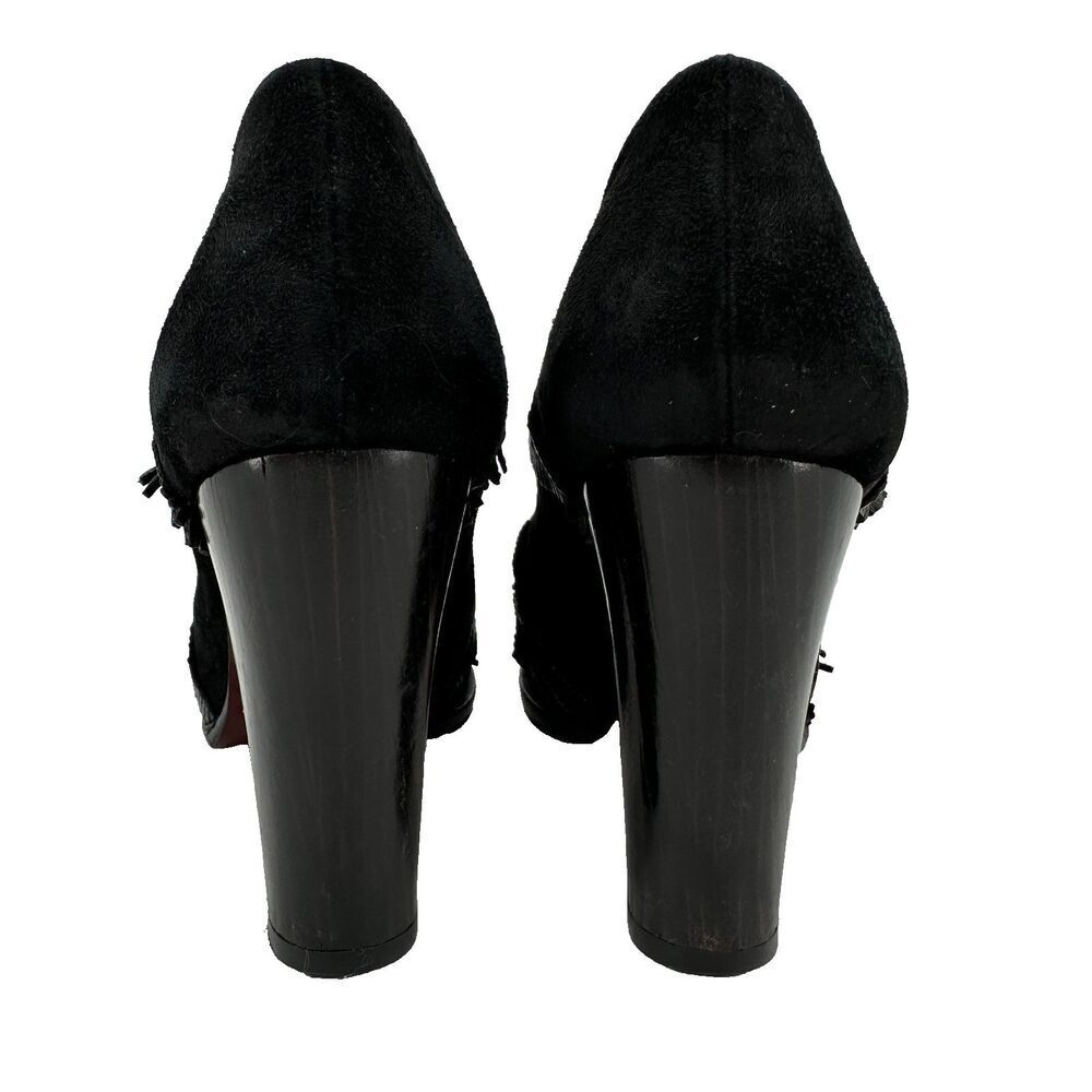 Chie Mihara Size 37 Black Suede Block Heels Fringe PeepToe 3.5in Boho Steampunk - Picture 5 of 11